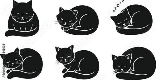 Cute sleeping cat vector silhouette collection, adorable kitten resting and curled up in various peaceful poses, black pet animal set.