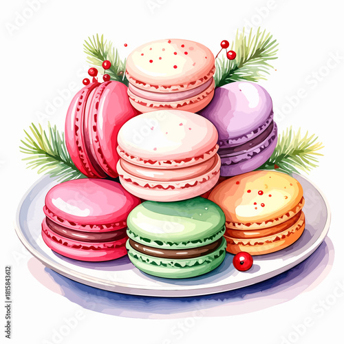 Colorful watercolor macarons on a plate with festive Christmas decorations.