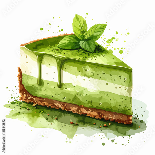 Delicious Matcha Cheesecake Slice with Mint Leaves and Drizzled Glaze.