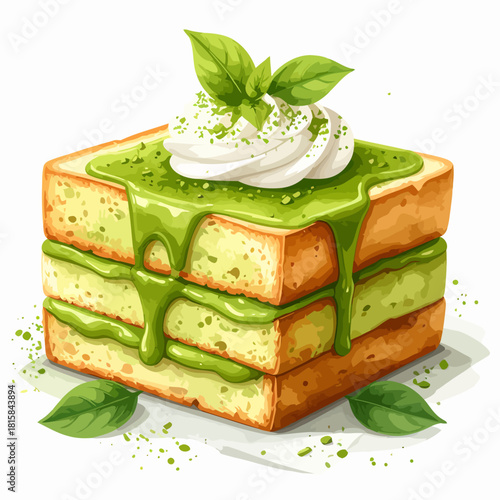 Matcha Toast Delight - A Stacked Dessert with Green Tea Drizzle.