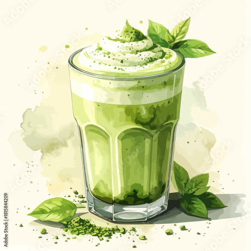 Refreshing Matcha Latte with Whipped Cream and Basil Garnish Illustration.
