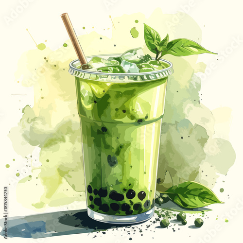 Refreshing Green Bubble Tea Drink with Tapioca Pearls and Mint Leaves.