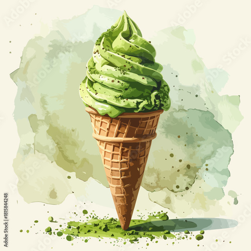 Delicious matcha green tea ice cream cone watercolor art.