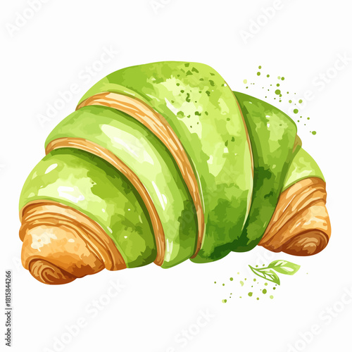 Watercolor Matcha Croissant Pastry with Green Tea Flavor.