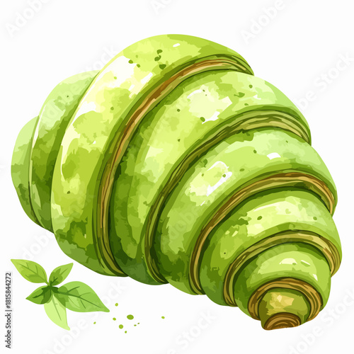 Vibrant green matcha croissant pastry watercolor illustration.