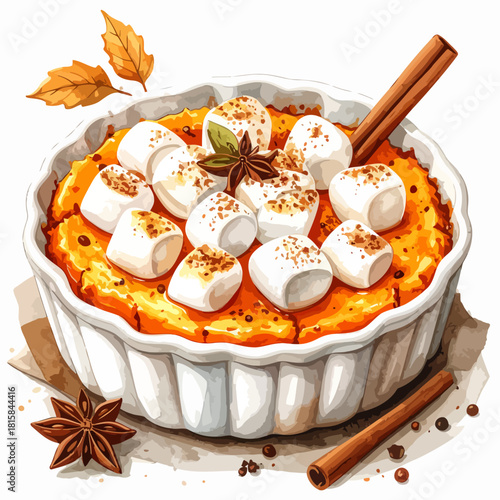 Delicious sweet potato casserole with marshmallows and cinnamon sticks.