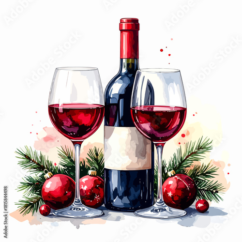 Festive Red Wine Still Life with Christmas Ornaments and Pine Branches.