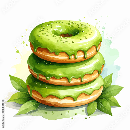 Stack of three delicious matcha green tea donuts watercolor illustration.