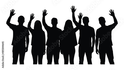Silhouettes of people raising hands isolated on white background, Vector