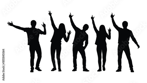 Group of five people dancing silhouettes isolated on white background, Vector