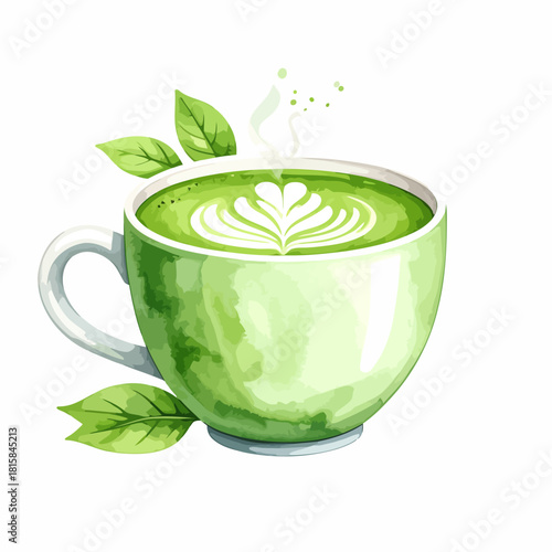 Watercolor illustration of a matcha latte in a ceramic cup with leaves.