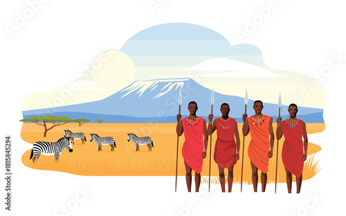 Maasai Warriors on the African Savanna with Zebras and Kilimanjaro, representing East Africa, Kenyan culture, and traditional tribal attire.