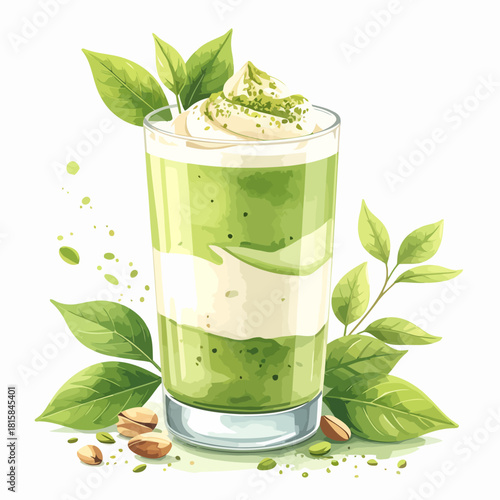 Refreshing Matcha Green Tea Layered Drink with Whipped Cream and Pistachios.
