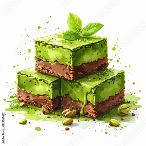Matcha Brownies with Pistachios and Basil Garnish Watercolor Illustration.