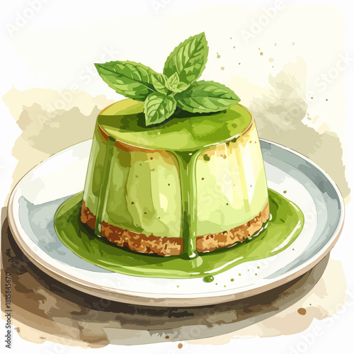 Watercolor illustration of a delicious matcha panna cotta dessert.