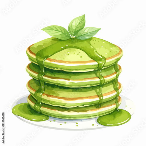 Stack of green pancakes with matcha syrup and mint leaves.