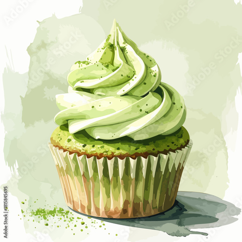 A delicious matcha green tea cupcake with swirled frosting.
