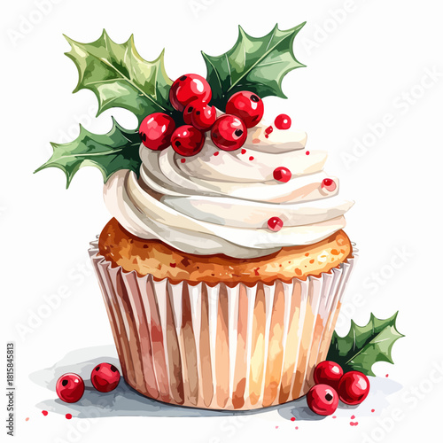 Festive Christmas Cupcake with Holly and Berries Watercolor Illustration.