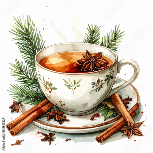 Aromatic cup of tea with cinnamon sticks and star anise.