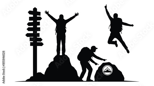 Hiking and adventure silhouettes isolated on white background, Vector