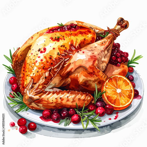 Delicious Roasted Turkey with Cranberries and Orange Slice on White Plate.