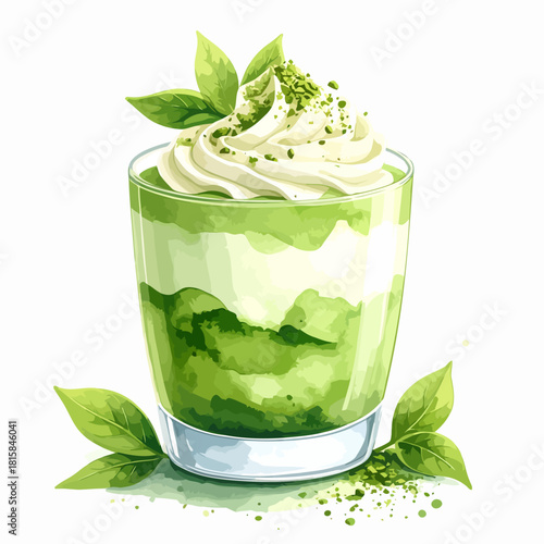 Watercolor illustration of a layered matcha green tea parfait dessert.
