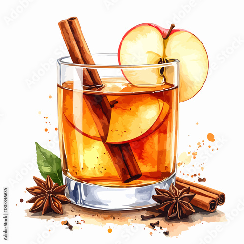 Refreshing apple cider drink with cinnamon stick and apple slice.