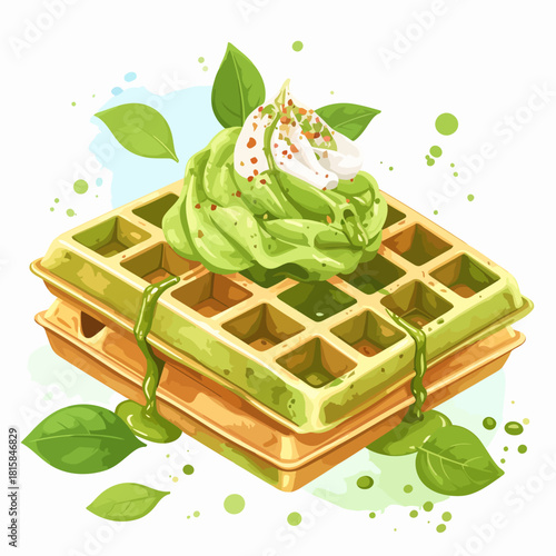Delicious matcha waffles with whipped cream and green syrup.