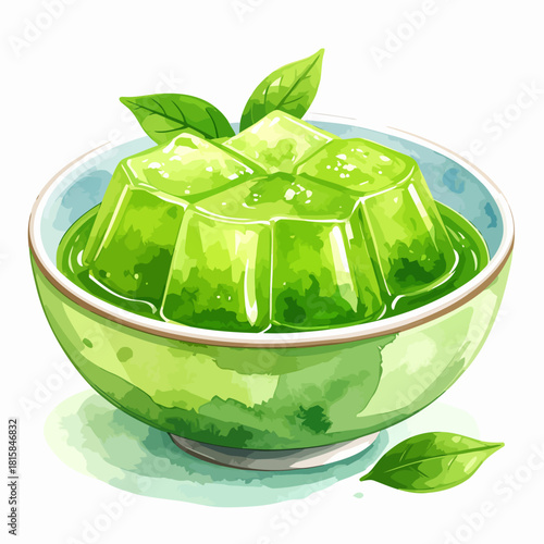 Vibrant green tea jelly dessert in a ceramic bowl watercolor illustration.