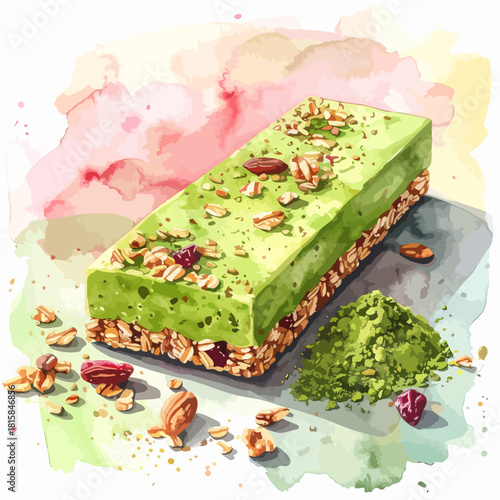 Watercolor Matcha Granola Bar with Nuts and Seeds.