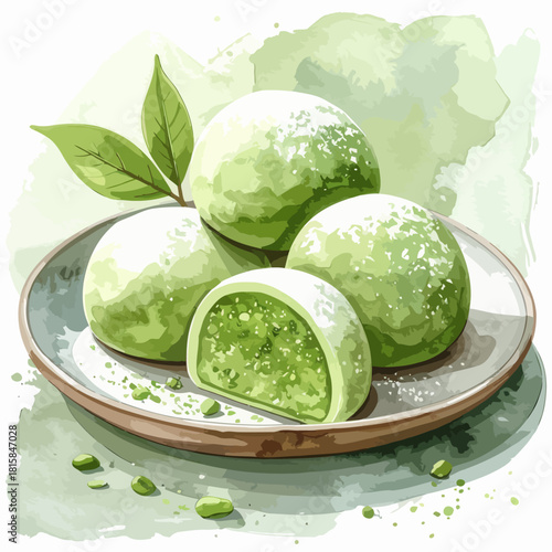 Delicious Green Matcha Mochi Japanese Dessert on a Ceramic Plate.