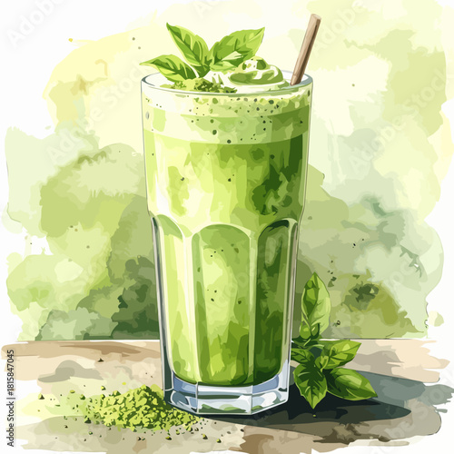 Refreshing green smoothie in a tall glass with basil leaves and straw.