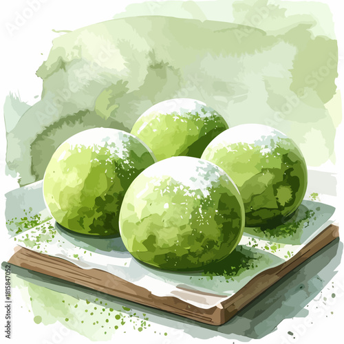 Watercolor illustration of matcha mochi balls dusted with powdered sugar.