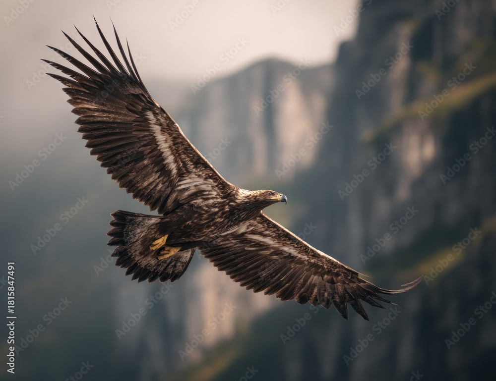 Fototapeta premium Majestic Eagle Soaring Through Mountainous Landscape with Open Wings.