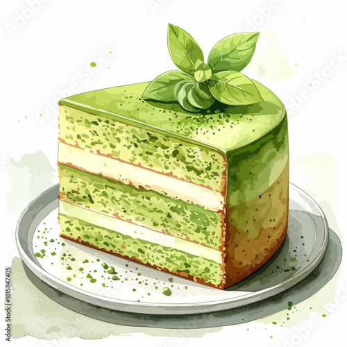 A delicious slice of matcha green tea layer cake with mint garnish.