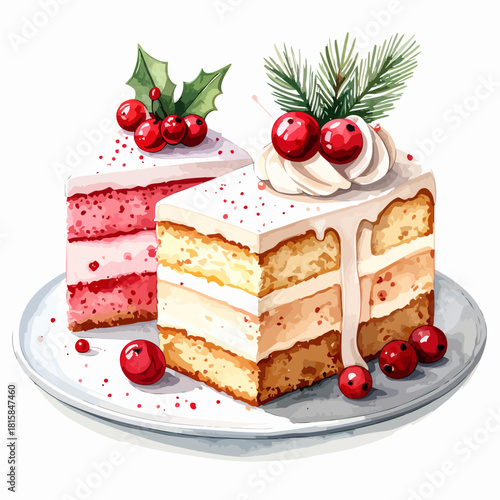 Watercolor illustration of two festive Christmas cake slices with berries and holly.