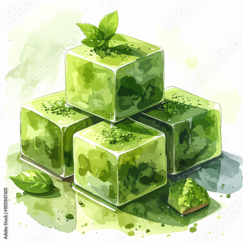 Artistic depiction of vibrant green matcha cubes with basil garnish.