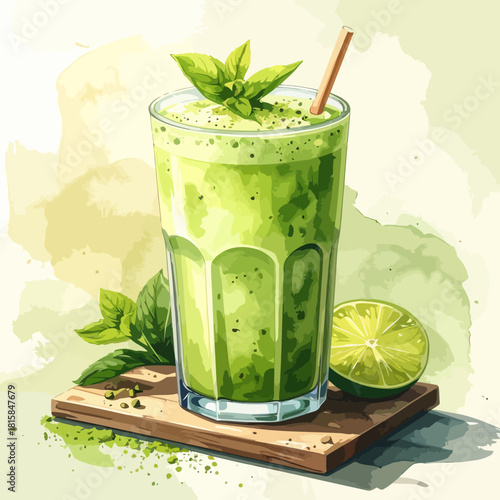Refreshing Green Smoothie with Lime and Mint, Healthy Drink.