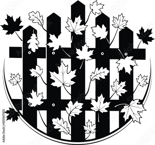 Autumn leaves adorning a black picket fence illustration