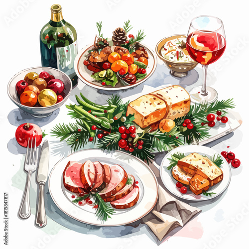 Festive Christmas Dinner Table Setting with Delicious Food and Drinks.