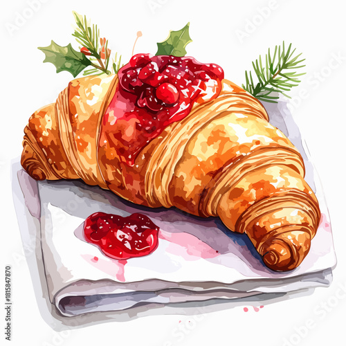 Watercolor illustration of a festive croissant with red berry jam.