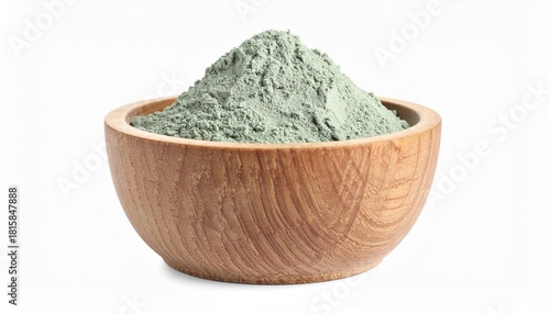 Natural Green Clay Powder in Wooden Bowl on Light Surface