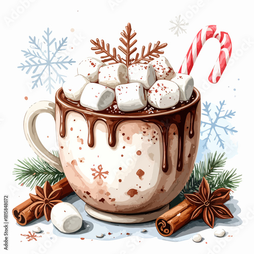 Festive Christmas mug of hot chocolate with marshmallows and candy cane.