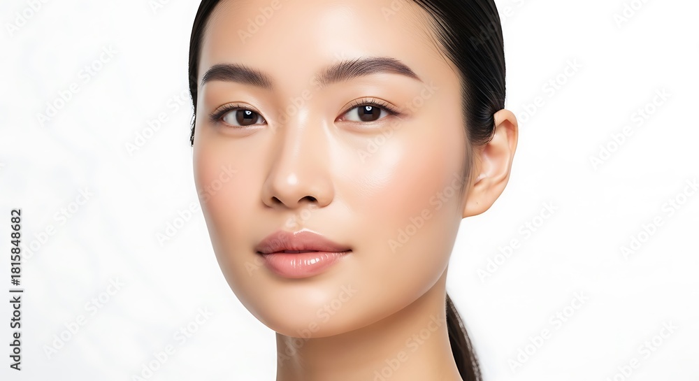 Obraz premium Close-up portrait of a beautiful young Asian woman with natural makeup and glowing skin.