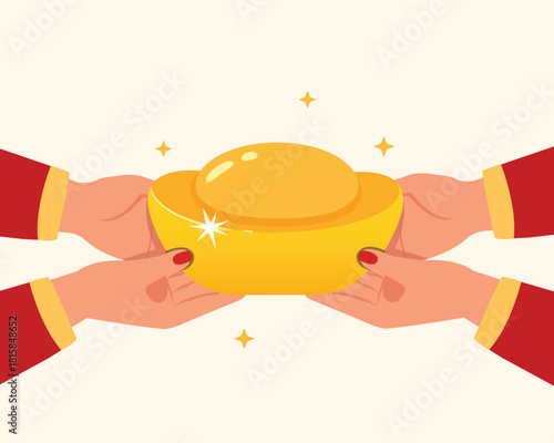 vector illustration of a woman hand holding a gold of lucky and wealthy. Asian culture concept.