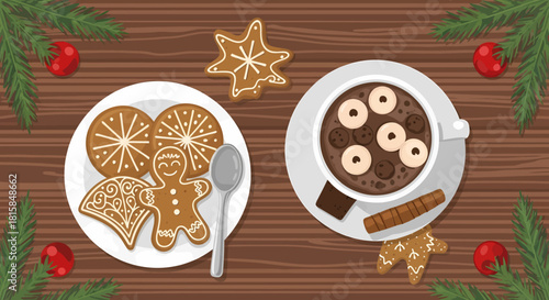 Cozy holiday cheer with gingerbread cookies and hot chocolate, perfect for festive greetings and winter promotions, share Christmas joy with seasonal treats