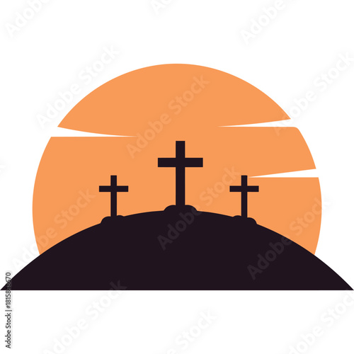 Three crosses on a hill with a sunset or sunrise background religion christianity faith spiritual religious