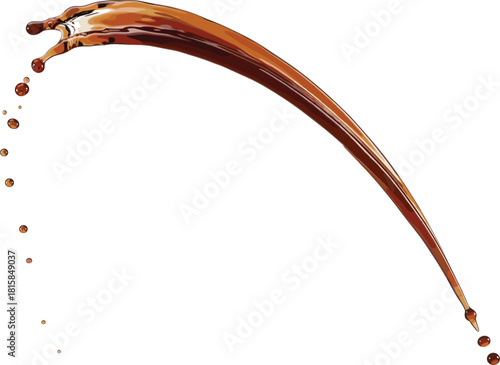 Dynamic and glossy arc of rich brown liquid splashing with suspended droplets, representing coffee, tea, or chocolate beverage.