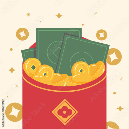 Red envelopes with money, coins and gold of wealthy and lucky. Decorations for the Chinese New Year. 
