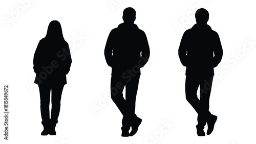 Three human silhouettes on white background isolated on white background, Vector
